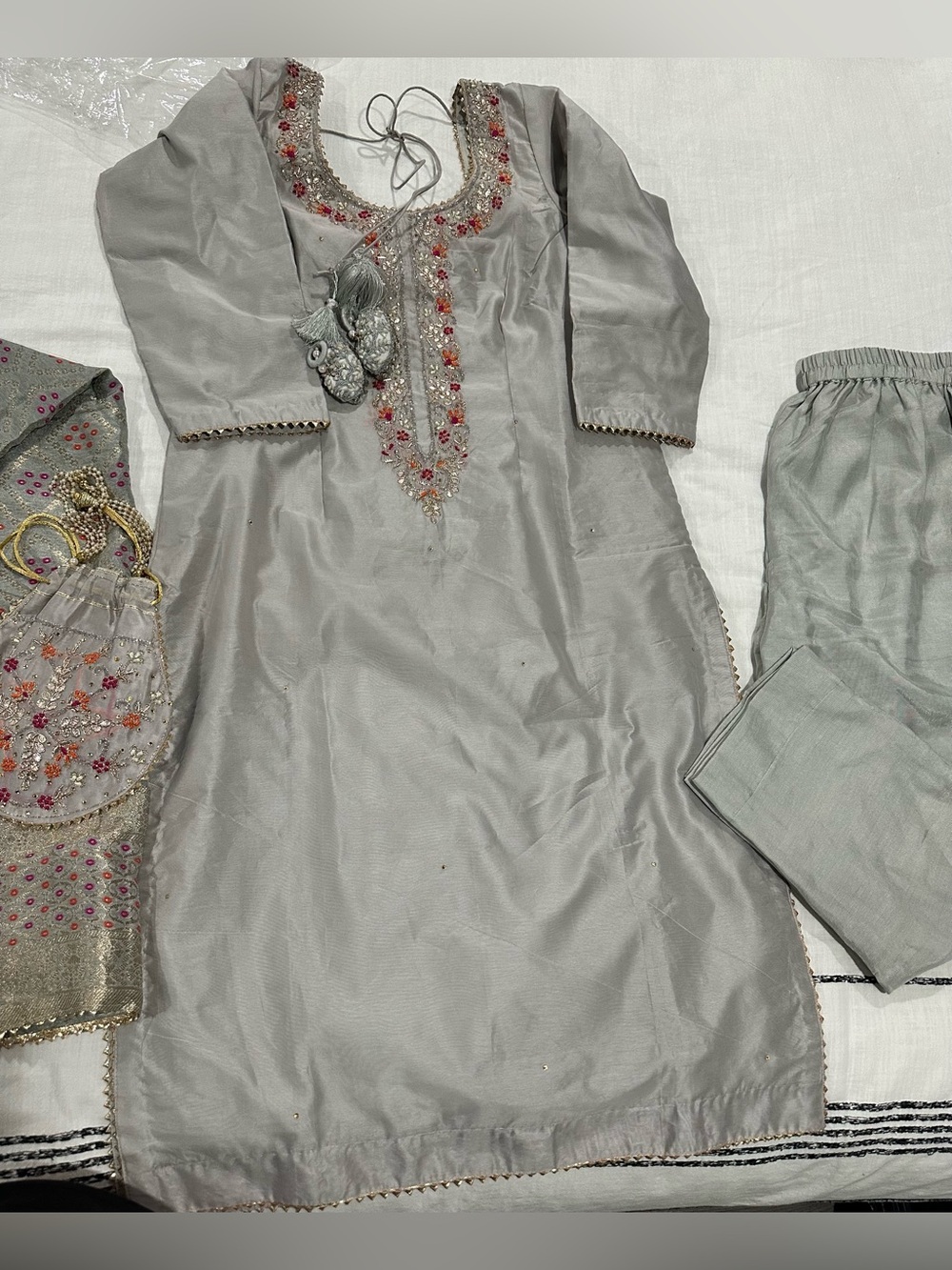 Embellished Light Gray Embroidered Indian Pant Suit Set